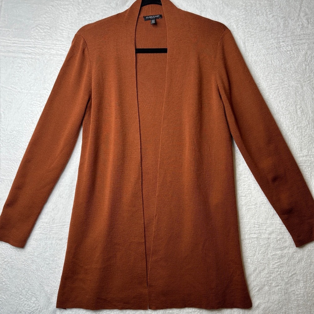Eileen Fisher Cardigan Womens PM Rust Orange Open Front Longline Italian Yarn